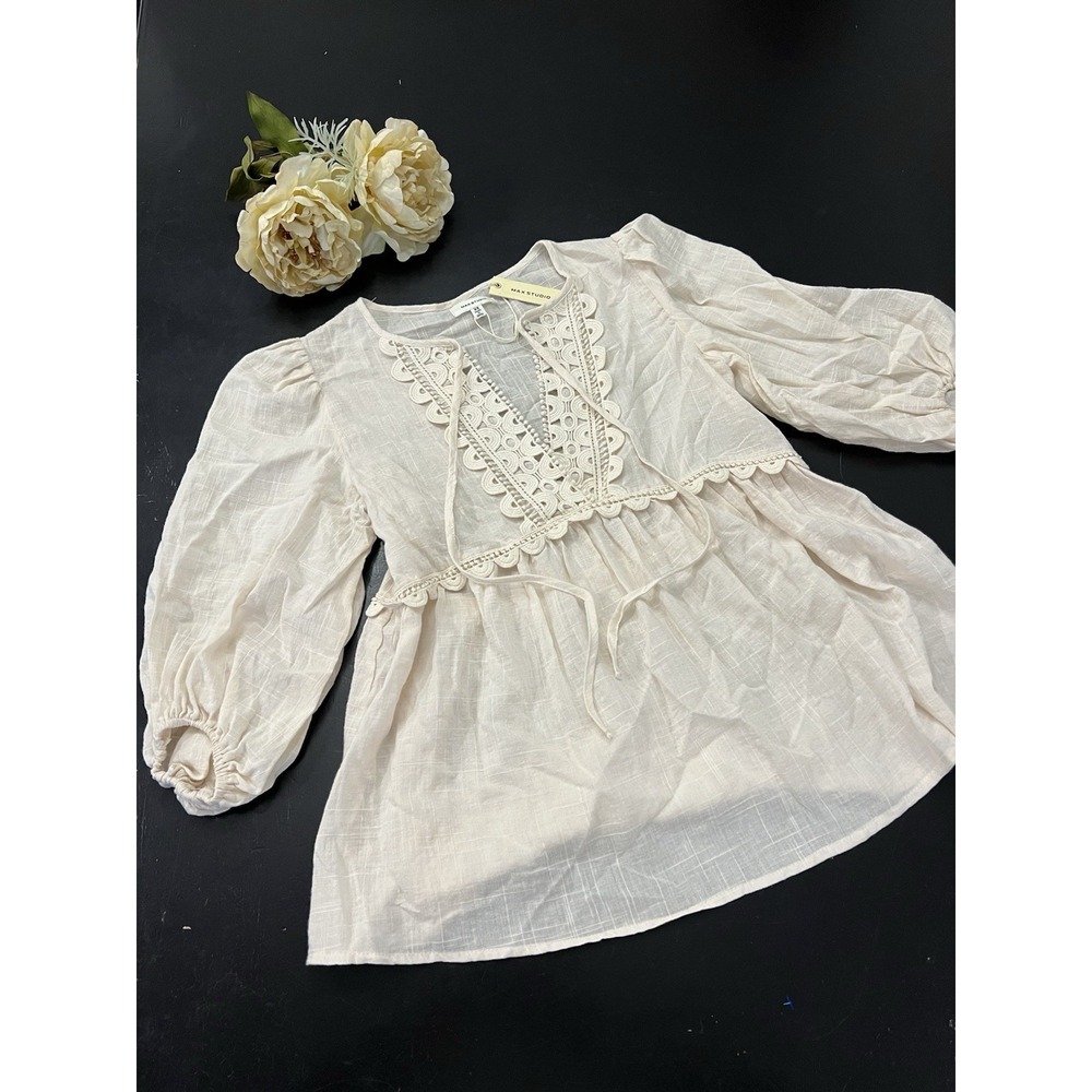 Max Studio NWT Antique White Embroidery Lace Peasant Boho Cottage Blouse XS $88